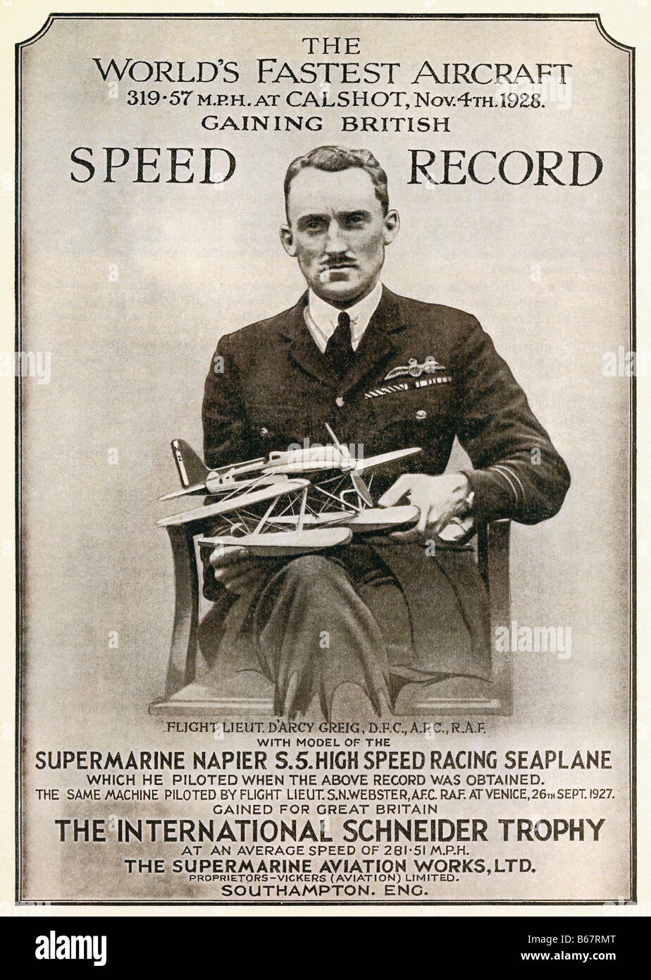 Record de vitesse Supermarine S5 1928 Avis de l'air record de vitesse acquise par DArcy Greig dans le napier S5 à Calshot RAF Banque D'Images