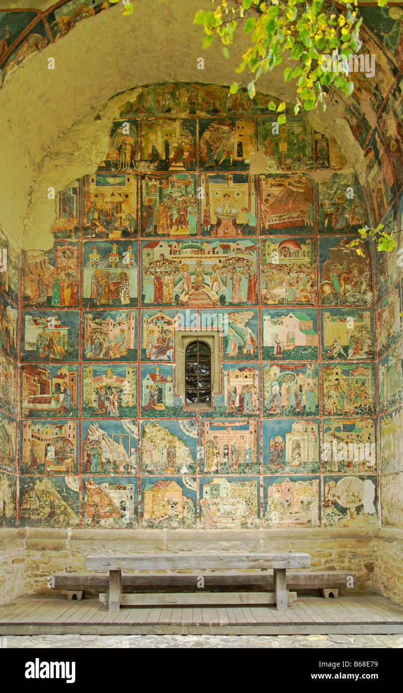 Mur ouest de l'église Arbore, Roumanie Banque D'Images