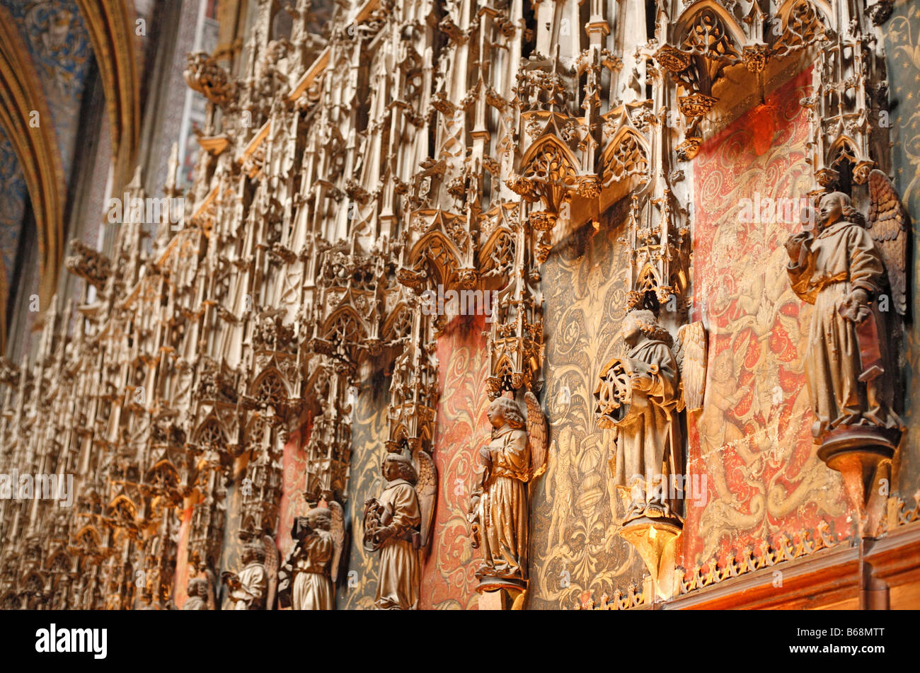 Sculpture gothique, l'intérieur de cathédrale de Saint Cécile, Albi, France Banque D'Images