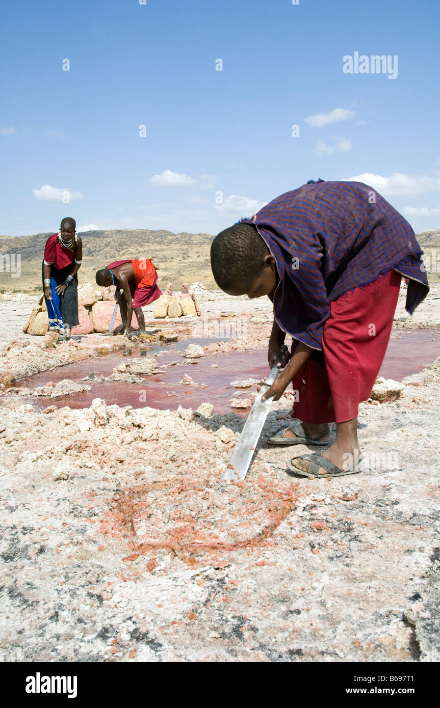 L'extraction de la soude au lac Natron en Tanzanie Une jeune fille Massaï dalles coupe de sel avec une machette Banque D'Images