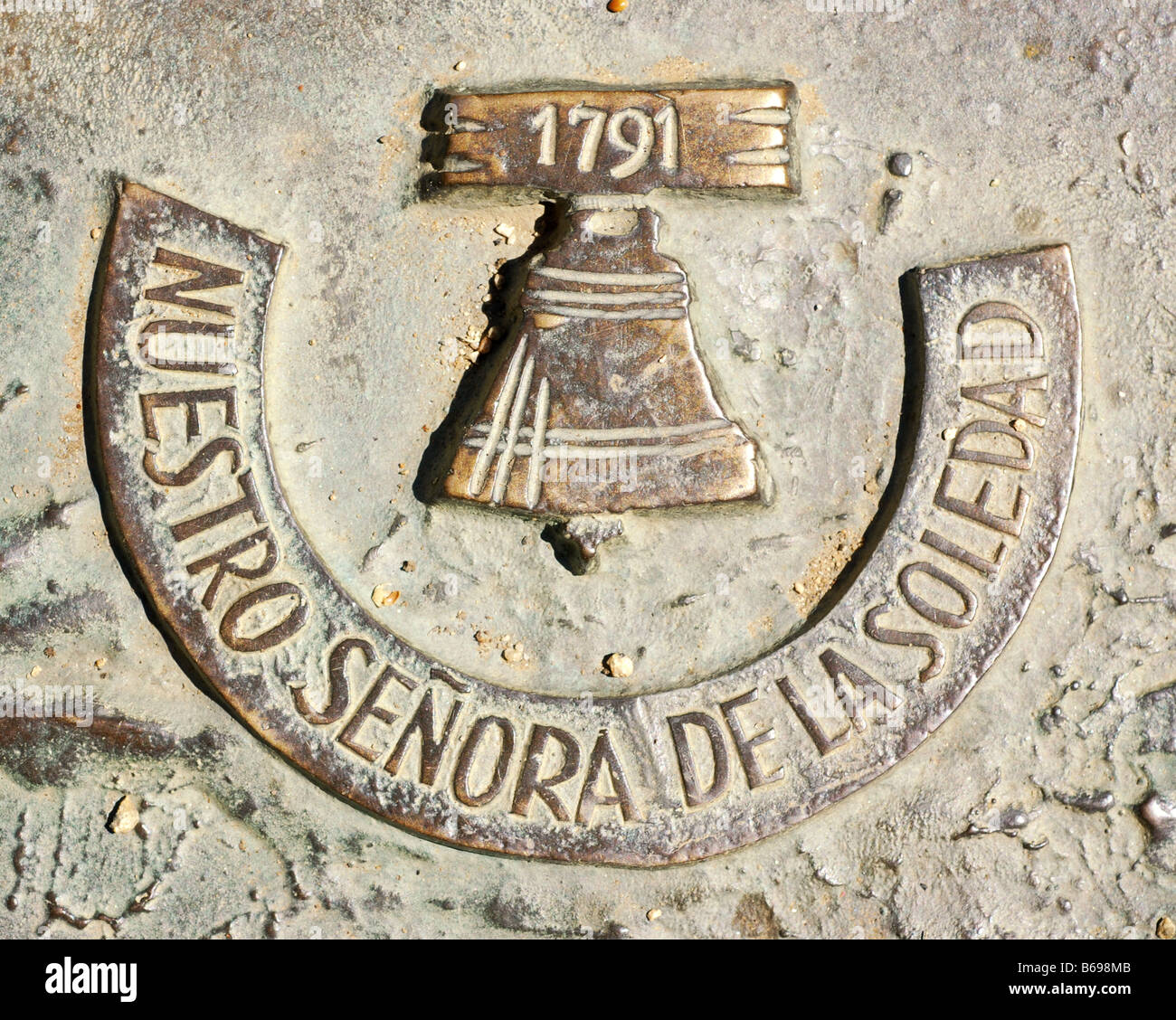 Mission Muestro Senora de la Soledad plaque sur statue à la California State University Sacramento Banque D'Images