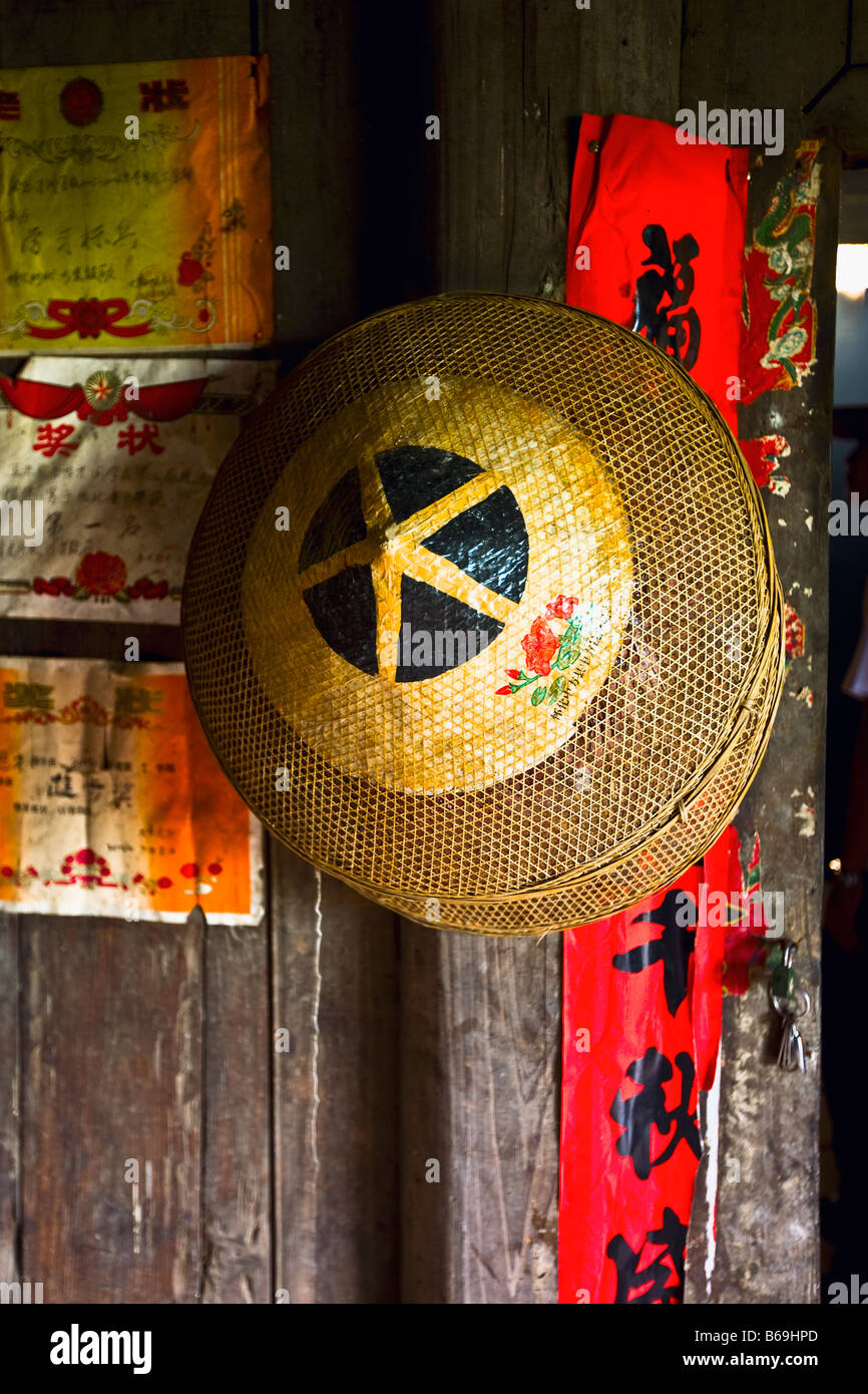 Close-up de style asiatique deux chapeaux coniques, Jinkeng Champ en terrasses, Guangxi Province, China Banque D'Images