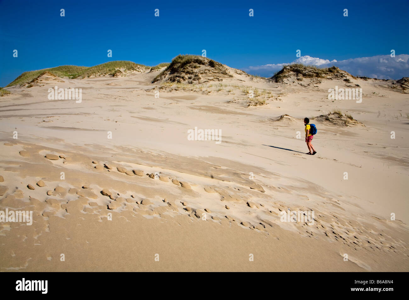 Czolpinska Wydma femme marche dans les dunes de sable du parc national Slowinski Pologne Banque D'Images