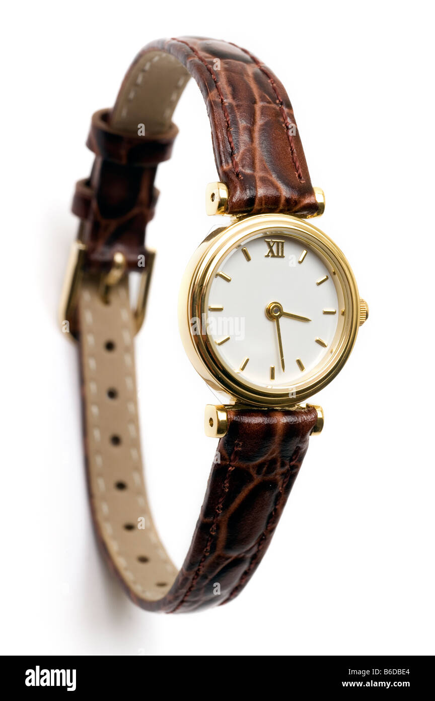 Mesdames montre bracelet avec un bracelet en cuir brun Banque D'Images