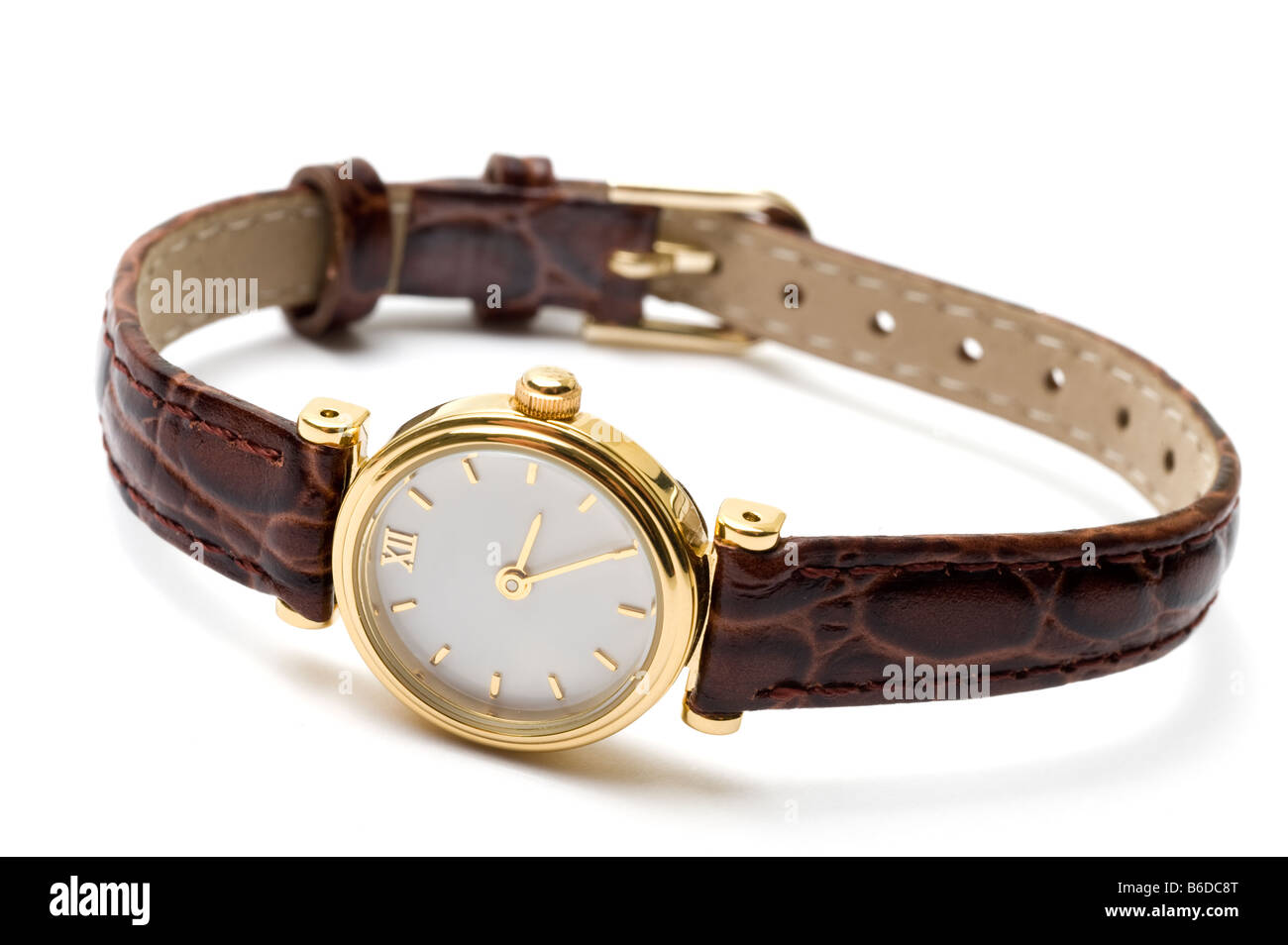 Mesdames montre bracelet avec un bracelet en cuir brun Banque D'Images