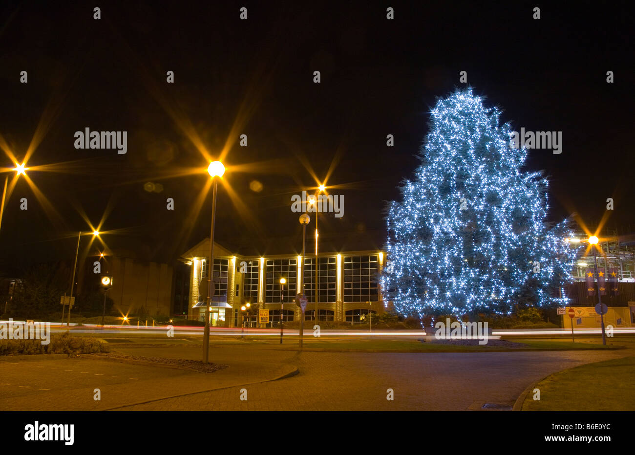 Arbre de Noël Noël avec Fairy Lights Allumé Allumé La Nuit Reigate Surrey Banque D'Images