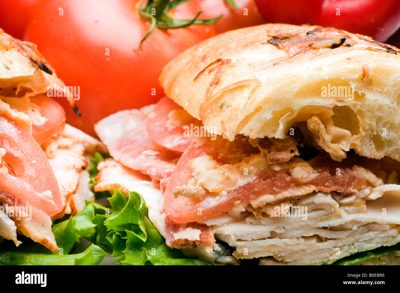 Sandwich au poulet Buffalo gastronomique ami bacon oignons piments jalapeno fromage bleu sur le pain panini focaccia échalote carmelized Banque D'Images Sandwich au poulet Buffalo gastronomique ami bacon oignons piments jalapeno fromage bleu sur le pain panini focaccia échalote carmelized Banque D'Images