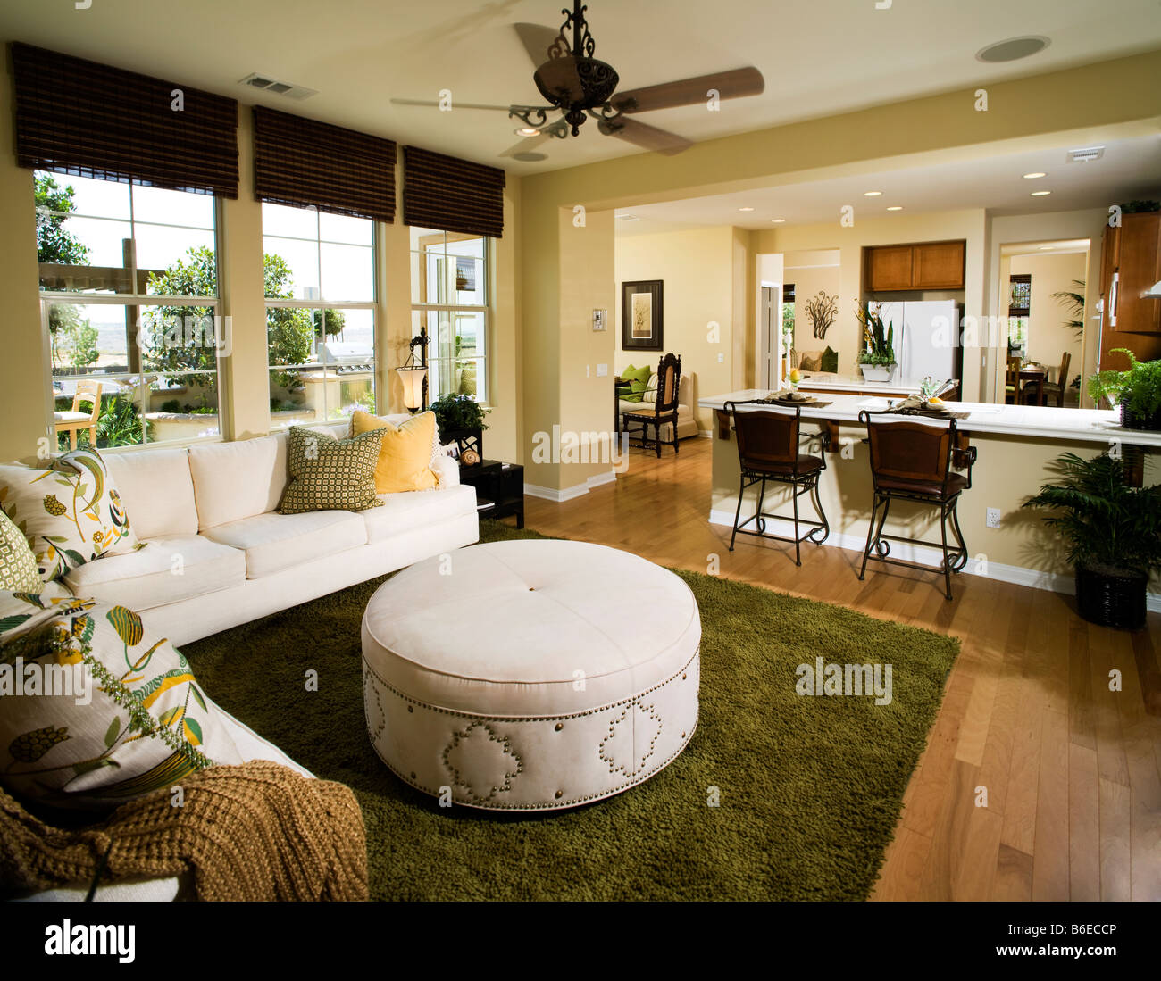 Maison contemporaine avec de l'intérieur salon cuisine et salle à manger Banque D'Images