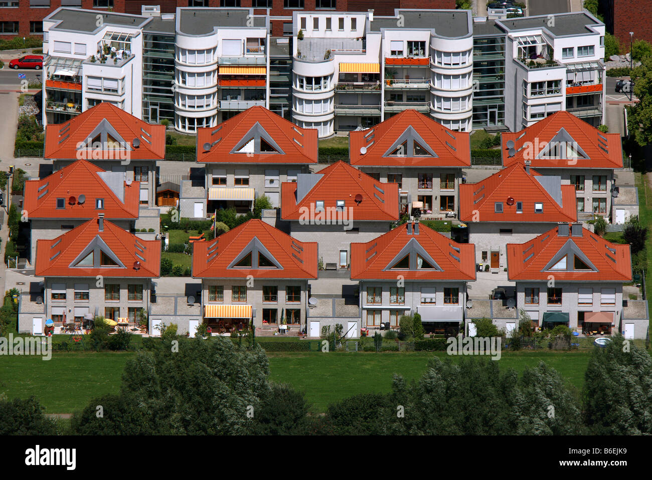 Vue aérienne d'affaires Stadtkrone Os dans lequel se trouvent, Stockholmer Allee, housing estate, maisons individuelles, maison mitoyenne, Dortmund, Rhénanie-N-W Banque D'Images