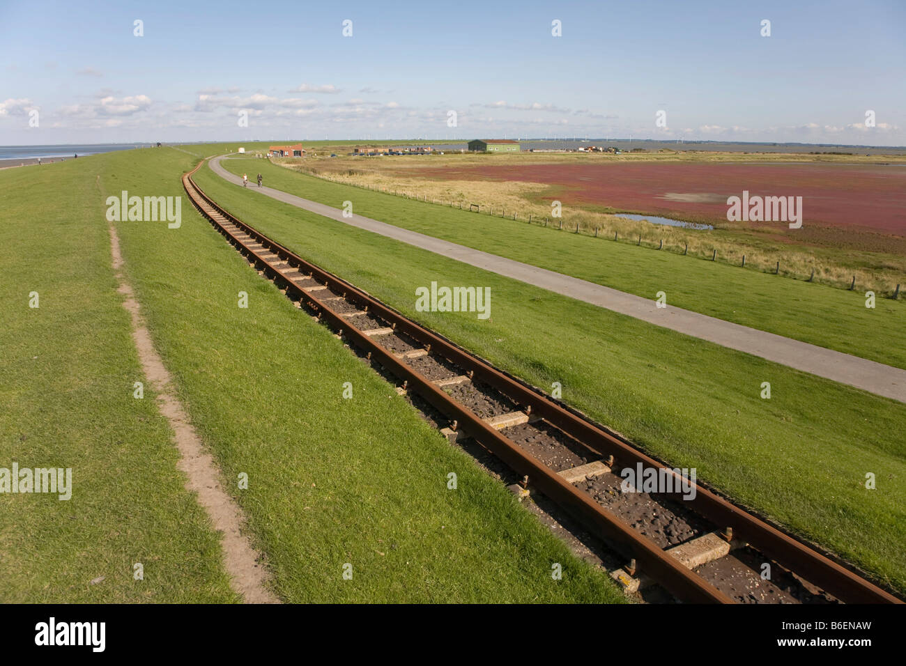 Une voie de chemin de fer à voie étroite sur un Lorengleis appelé North Voir Dyke, Luettmoorsiel, Frise du Nord ou Frise du Nord, Schleswig-Holstei Banque D'Images