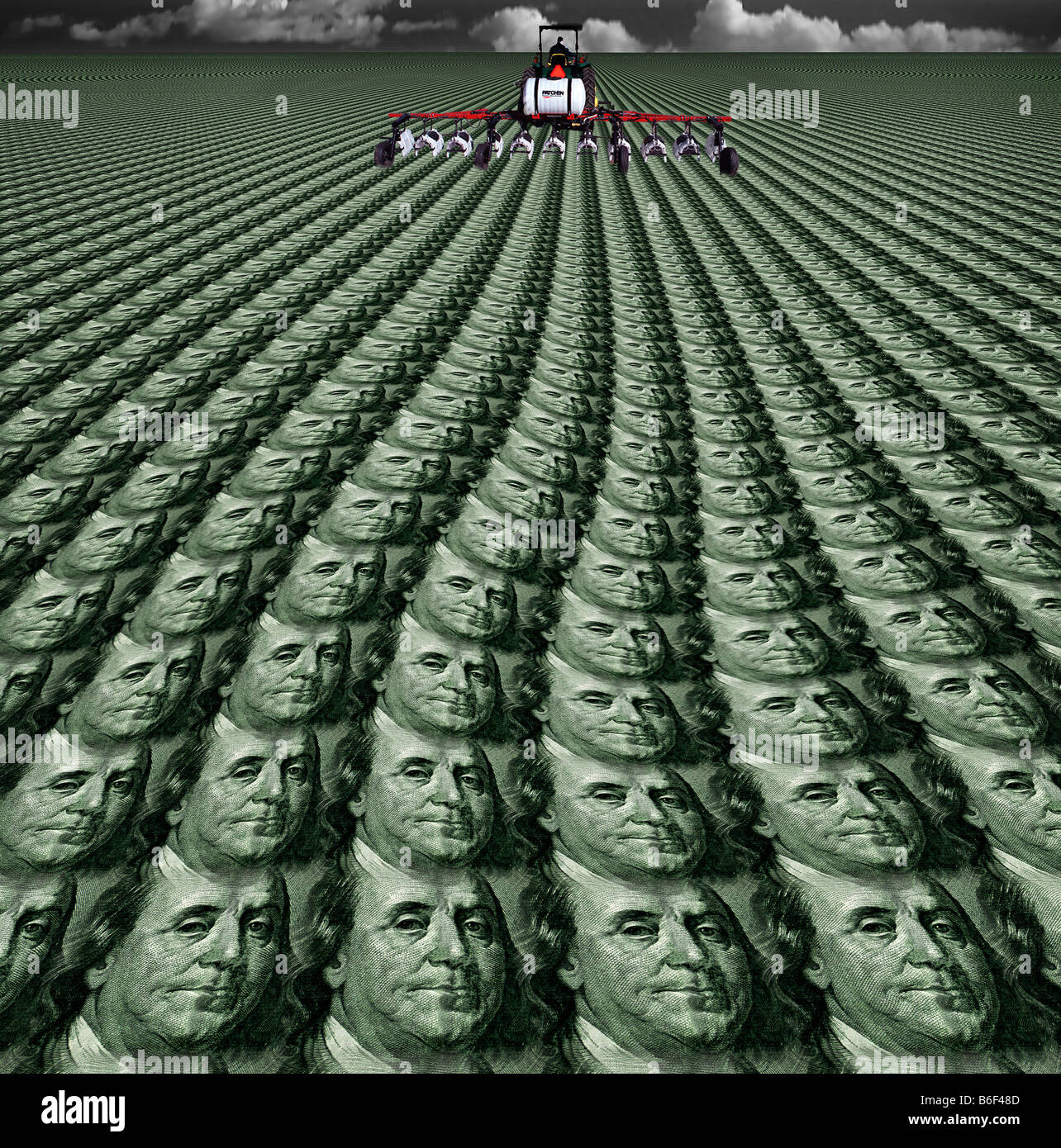 Rangées de portraits de Ben Franklin one hundred dollar bills sont alignés dans une scène numérique pour signifier l'argent, des finances et de défi. Banque D'Images