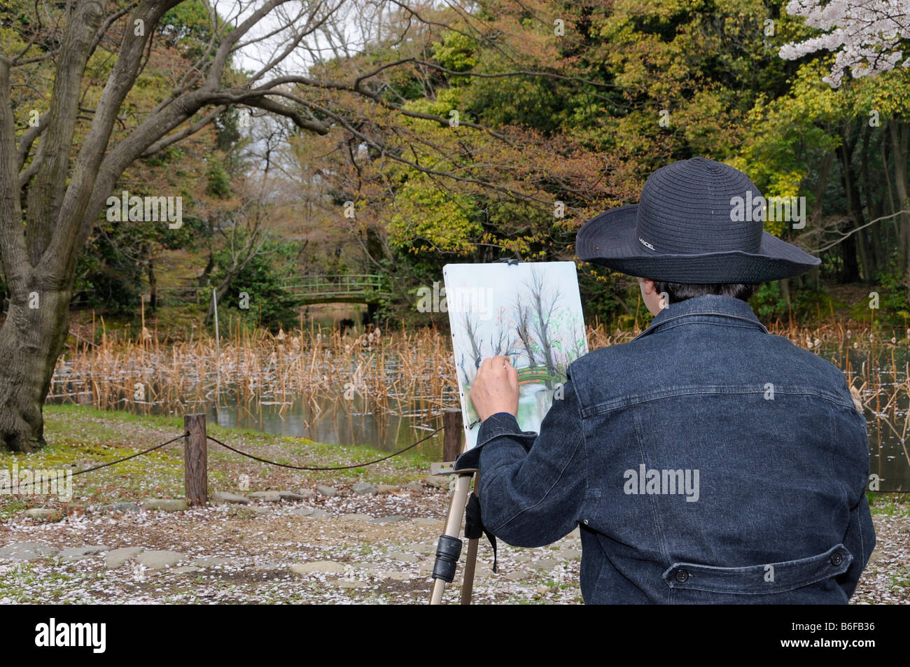 Peintre amateur japonais dans le jardin botanique de Kyoto, Japon, Asie Banque D'Images