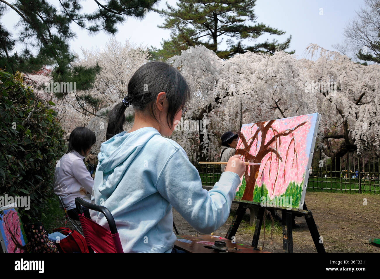 Girl painting cerisiers en fleurs au cours de la cherry blossom festival à une peinture amateur groupe dans le parc du Palais de l'empereur en K Banque D'Images