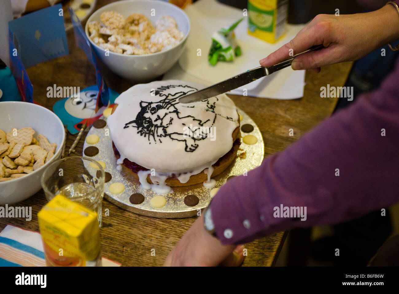 Une mère coupe un gâteau d'anniversaire de childs avec un pictre d'un chat sur elle Banque D'Images