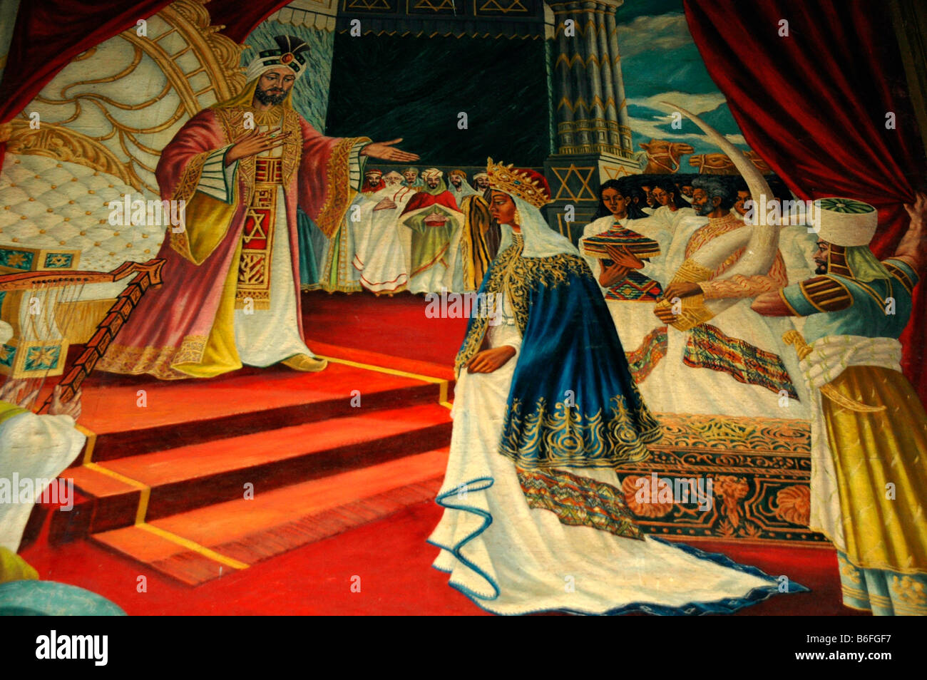 L'art mural, Reine de Saba avec le roi Salomon, l'église de St George, Addis Adeba, Ethiopie, Afrique, Banque D'Images