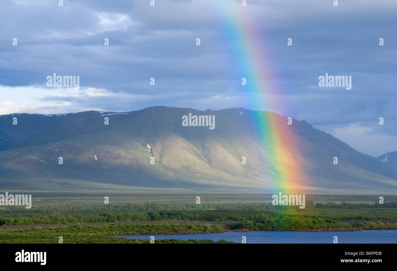 Arc-en-ciel sur le lac Chapman, tundra, montagnes Ogilvie au dos, Dempster, Territoire du Yukon, Canada, Amérique du Nord Banque D'Images