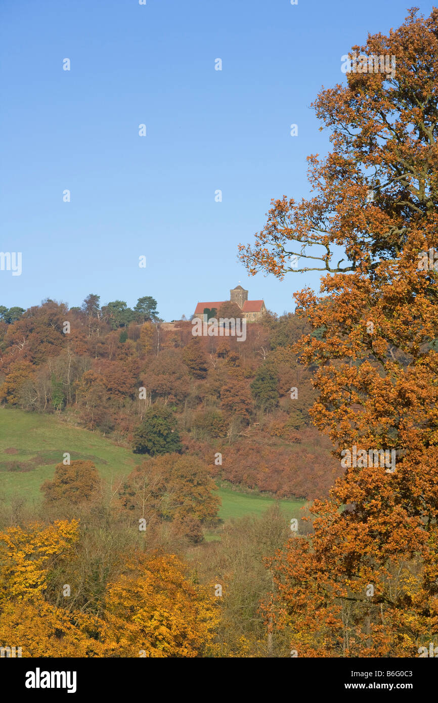 Vue éloignée sur St Martha's Church dans les North Downs Way Surrey Hills près de Guildford Surrey Angleterre automne couleur Banque D'Images