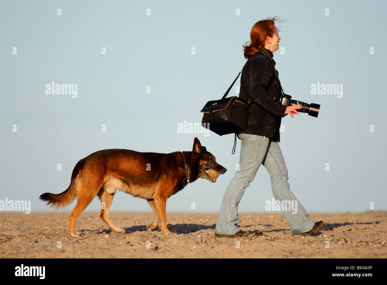 Jeune femme photographe marcher avec un chien sur la plage de sable sous ciel bleu horizon passe à droite corps entier holding camera Banque D'Images