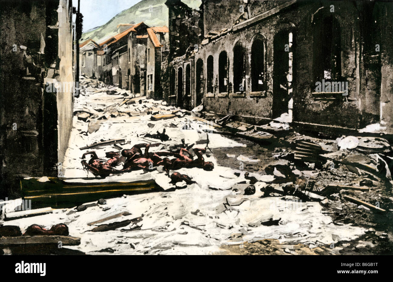 Scène de rue à SaintPierre après l'éruption de la Montagne Pelée