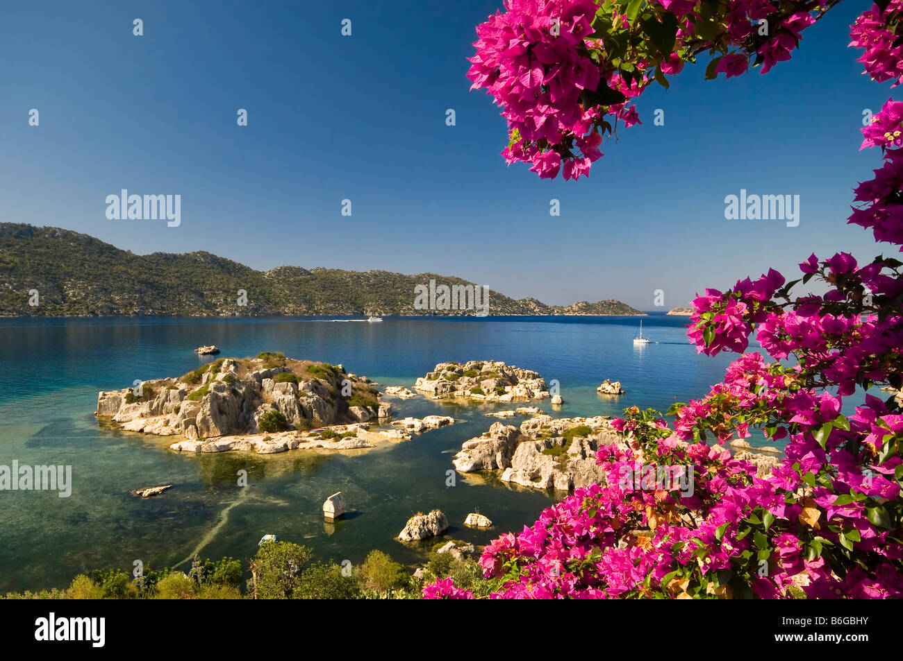 Vue panoramique de Kekova, Kalekoy, tombeau lycien, côte sud de la Turquie Banque D'Images