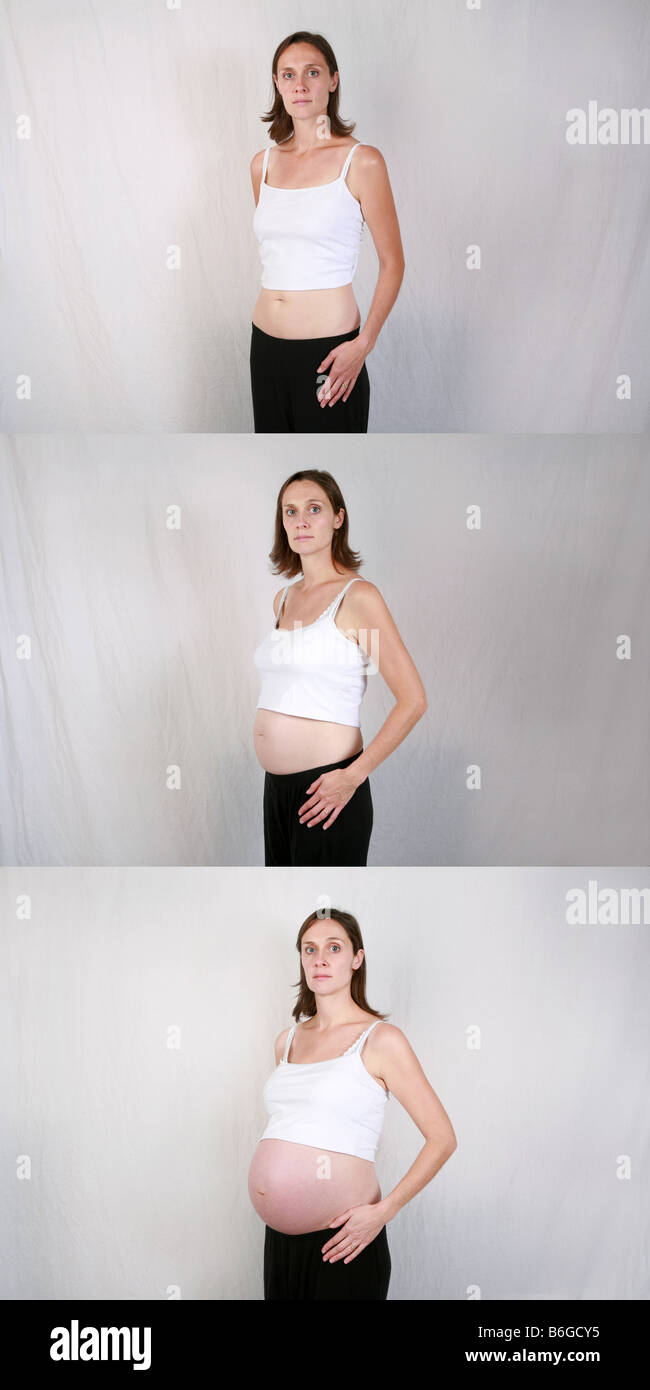 Femme enceinte à trois, six et neuf mois de grossesse 12, 26, et 40  semaines Première Deuxième Troisième trimestres série time lapse Photo  Stock - Alamy