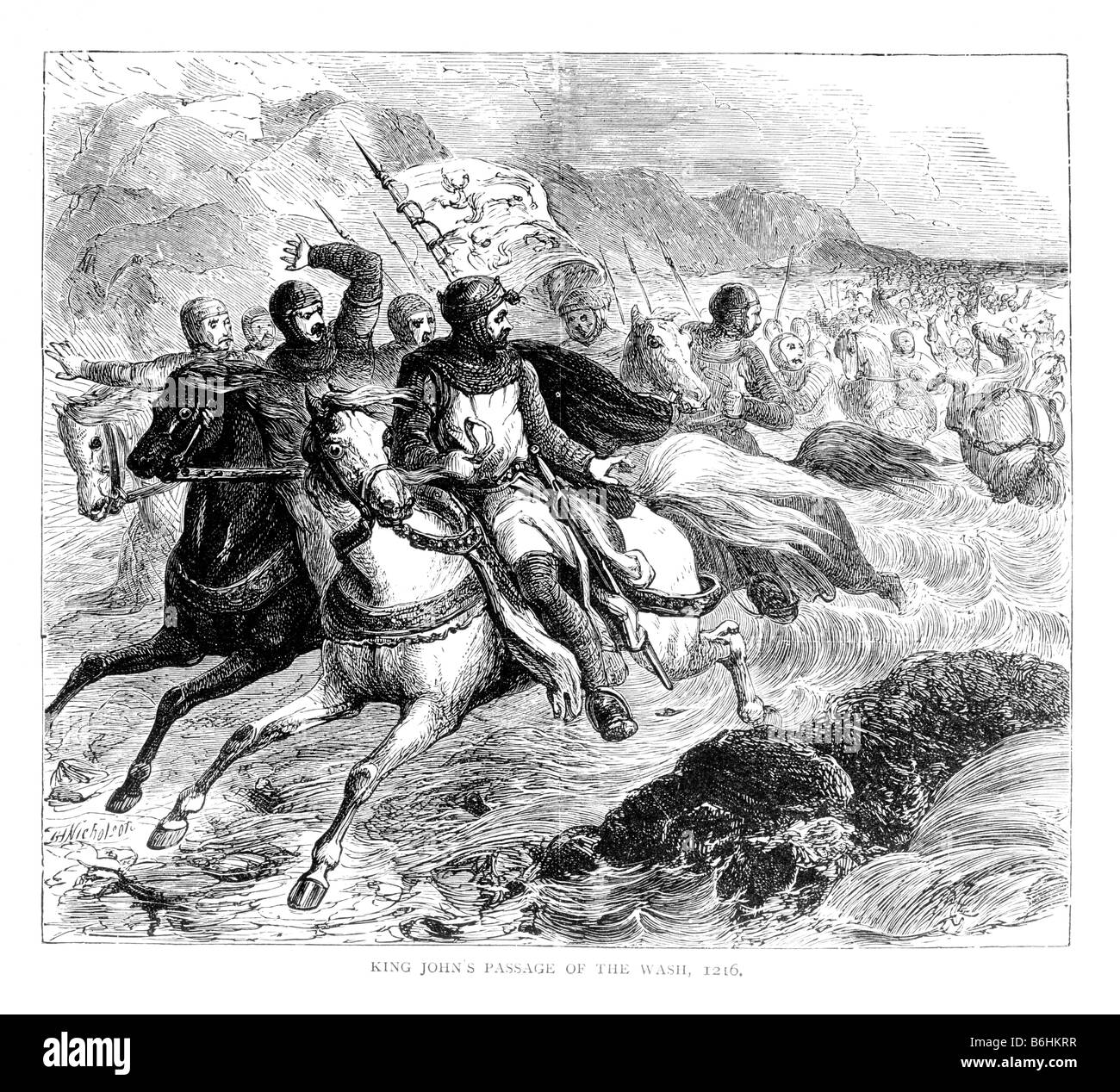 Le roi Jean d'Angleterre traversant la laver et la perte des joyaux de la Couronne à la marée montante 1216 19e siècle Illustration Banque D'Images