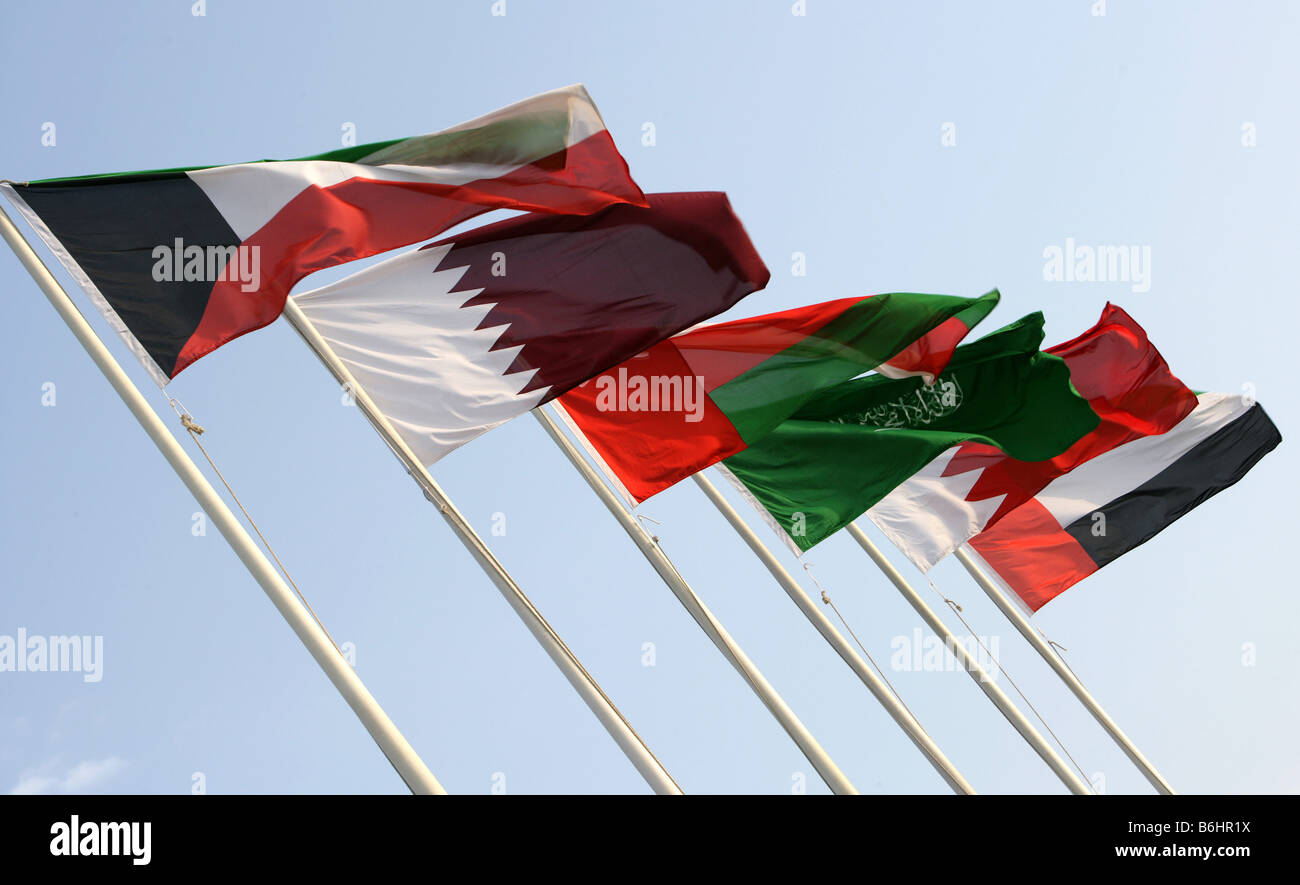 Le QAT, Qatar : les drapeaux des 6 Etats membres du CCG. Banque D'Images