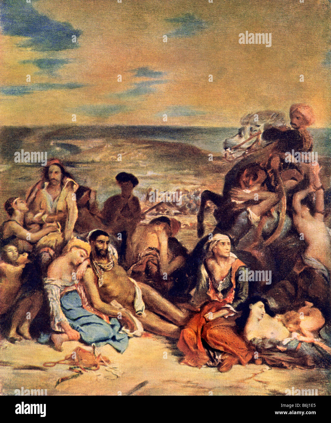 Massacre des Grecs par les Turcs sur l'île égéenne de Chios, 1822. Demi-teinte de couleur d'une peinture de Delacroix Banque D'Images