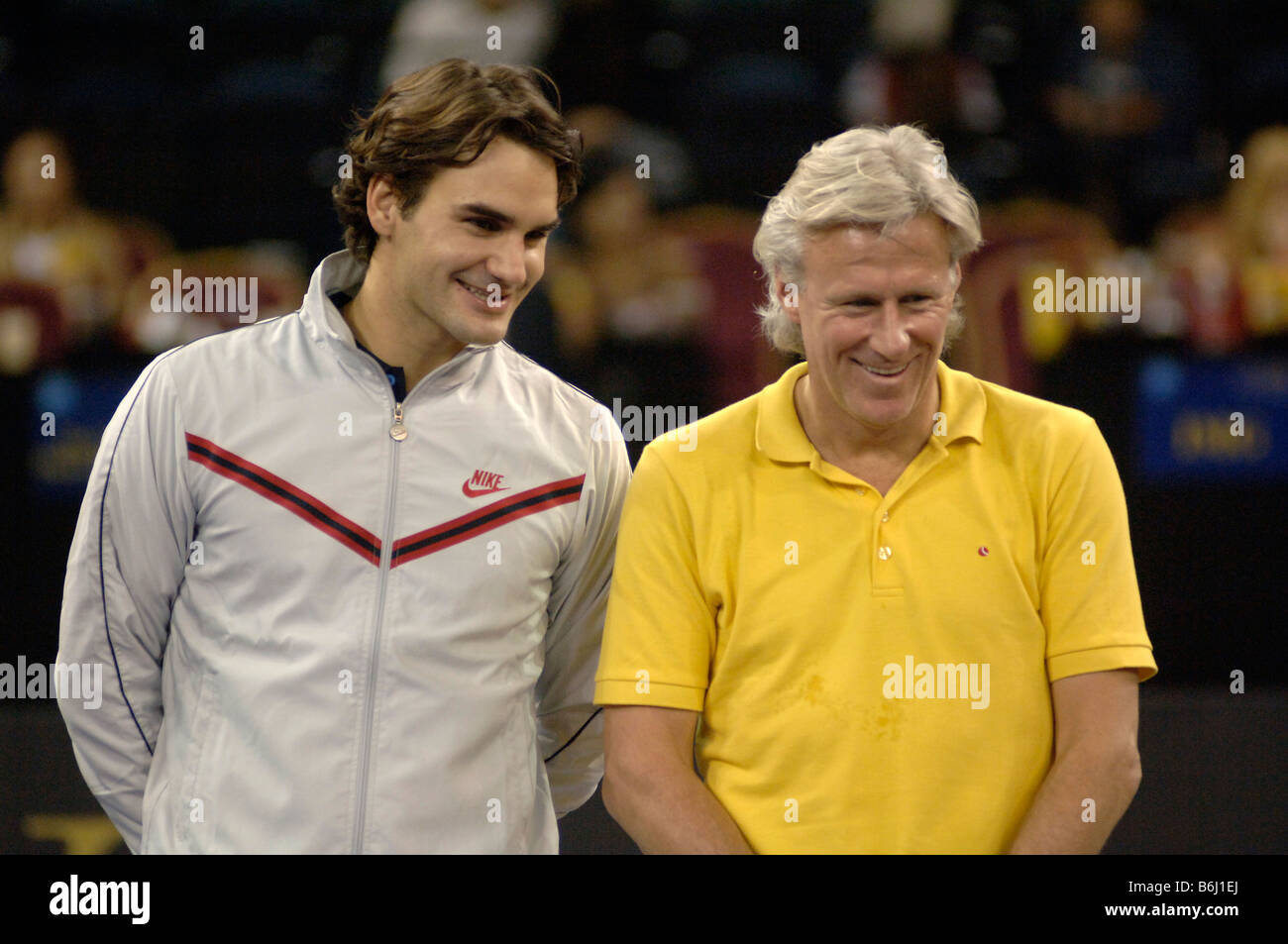 Bjorn Borg et Roger Federer, le Venetian Macao Showdown 2008 Tennis Banque D'Images