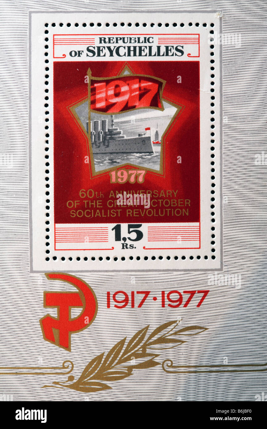 60 ans de révolution d'octobre russe, timbre-poste, République des Seychelles, 1977 Banque D'Images