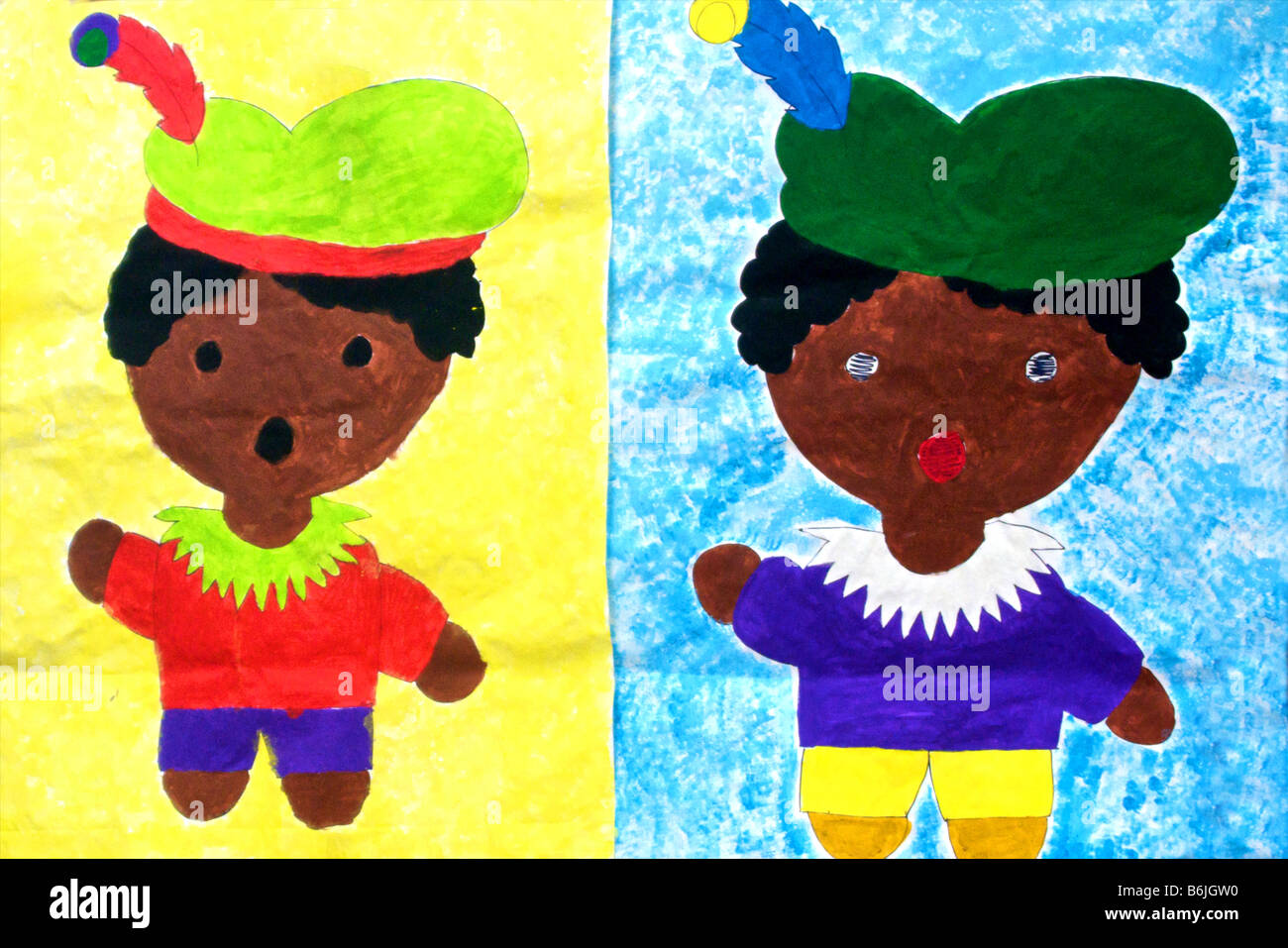 Deux 'Black Pete's' dessiné par les enfants de l'école pour l'école de saint Nicholas. Banque D'Images