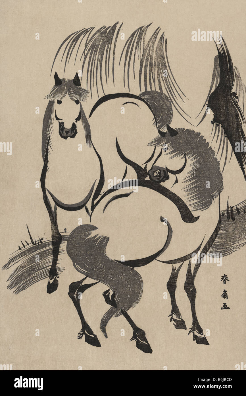 Chevaux sous un saule. Banque D'Images
