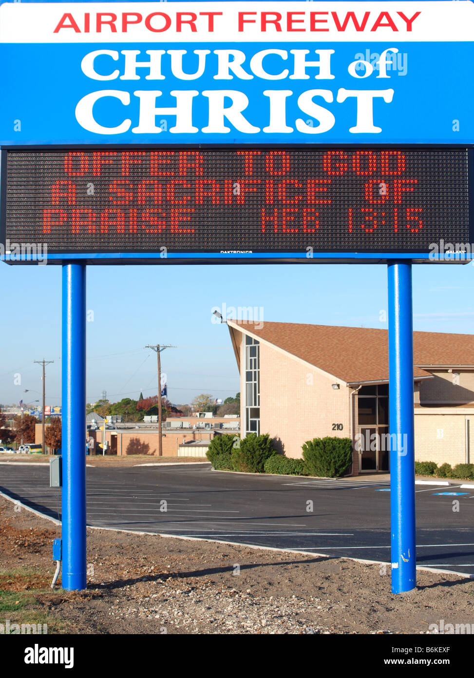 Eglise du Christ Airport Freeway Sign Banque D'Images