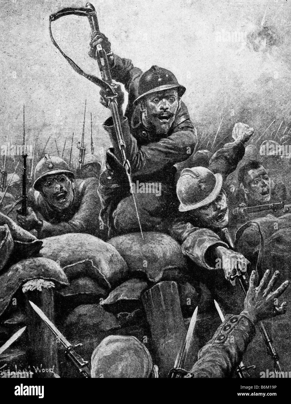 La Seconde Guerre mondiale une illustration contemporaine de soldats français d'assaut une tranchée allemande. Banque D'Images