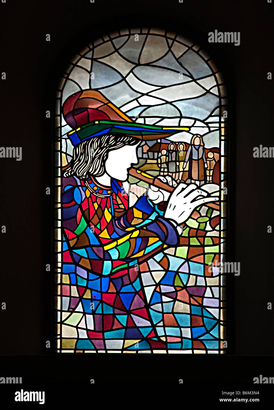 Joueur de flûte de Hamelin vitrail à l'église Hamelin Allemagne Banque D'Images