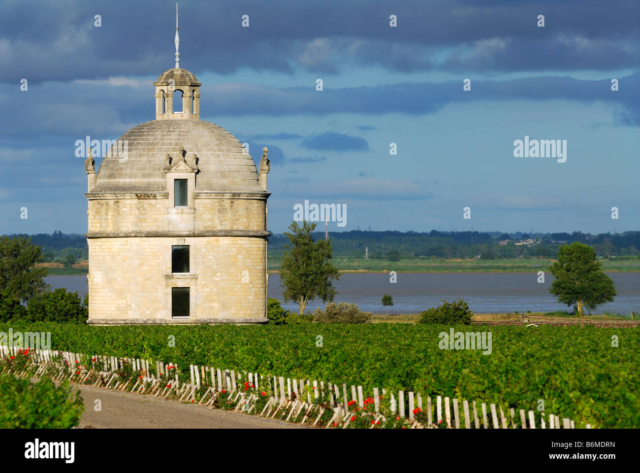 Pauillac France Chateau Latour Pigeonnier Pidgeon house se trouve entre les vignes l'estuaire de la Gironde dans l'arrière-plan Banque D'Images