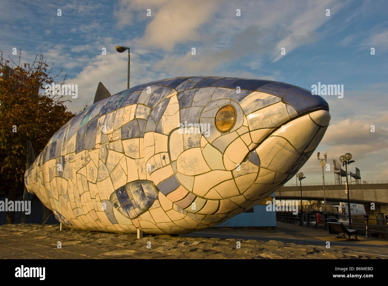 Belfast gros poisson sculpture art public attraction touristique populaire d'Irlande Waterfront lagan weir Laganside Banque D'Images