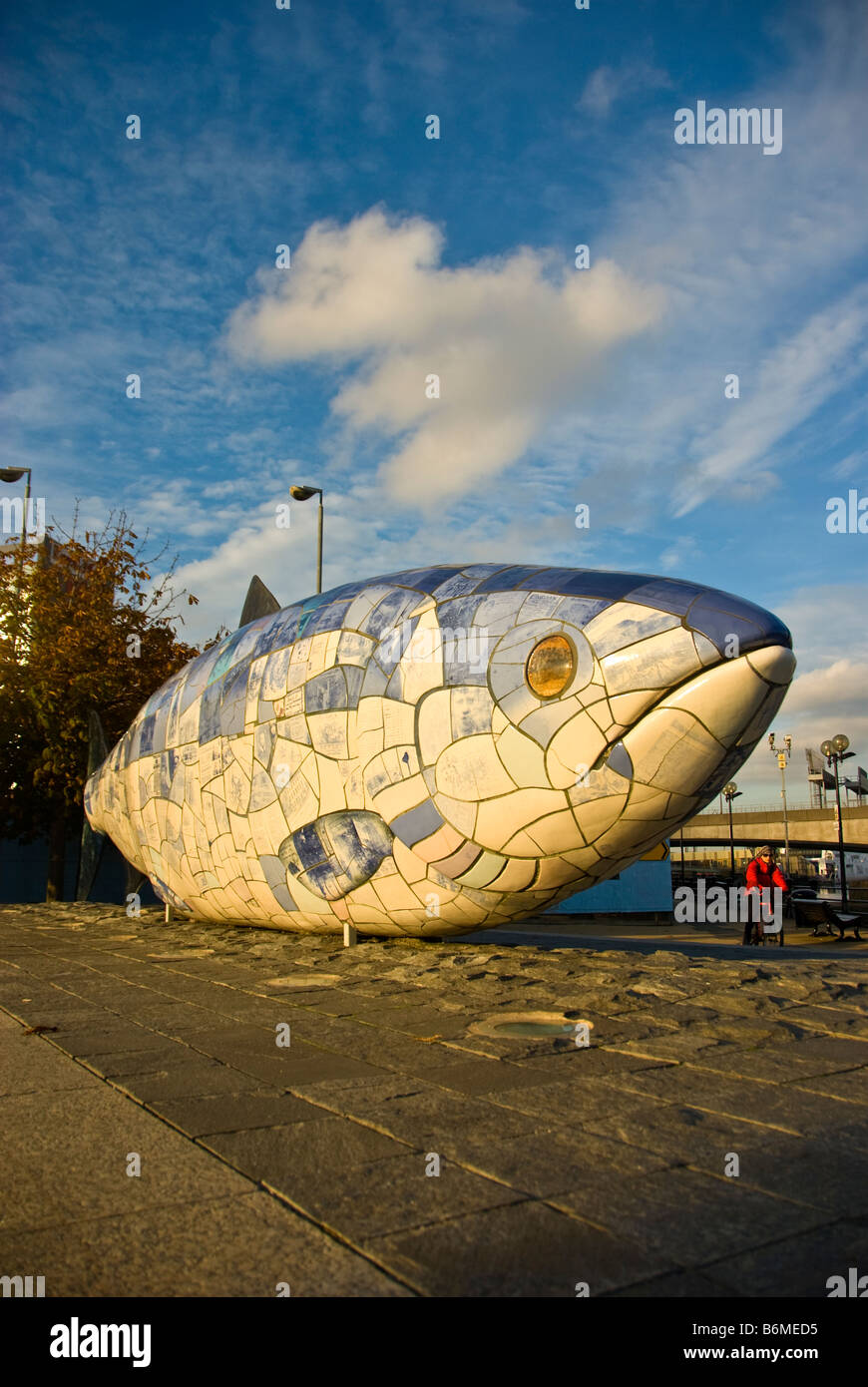 Belfast gros poisson sculpture art public attraction touristique populaire d'Irlande Waterfront lagan weir Laganside Banque D'Images