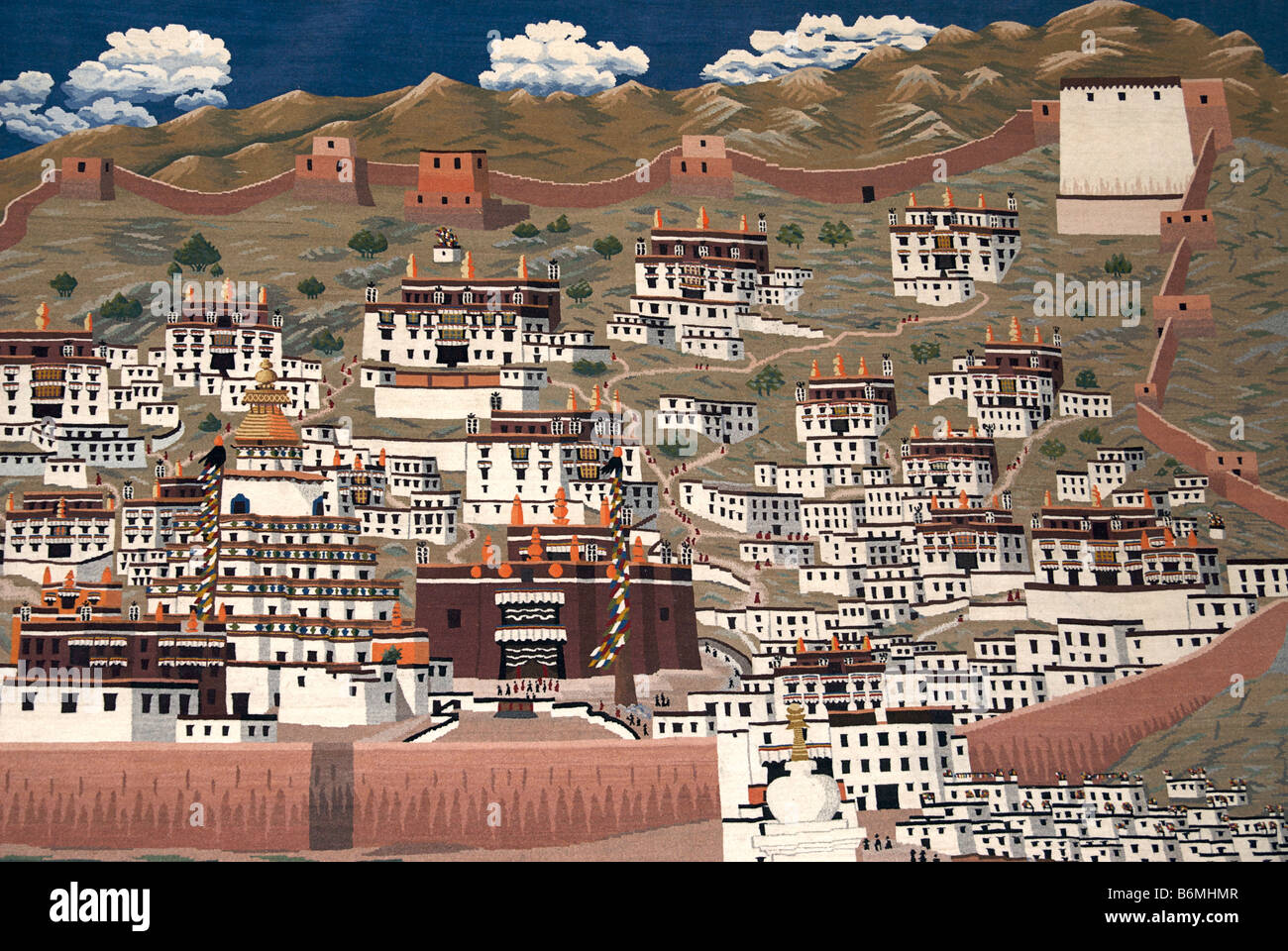 Tissus de tapisserie représentant Gyantse vieille ville dans le murs. Tibet Banque D'Images