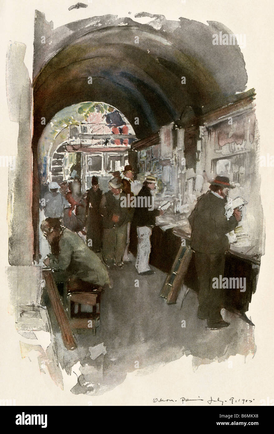 À l'odéon bookstalls navigateurs sur la Rive Gauche, Paris vers 1910. Demi-teinte de couleur d'une illustration Banque D'Images