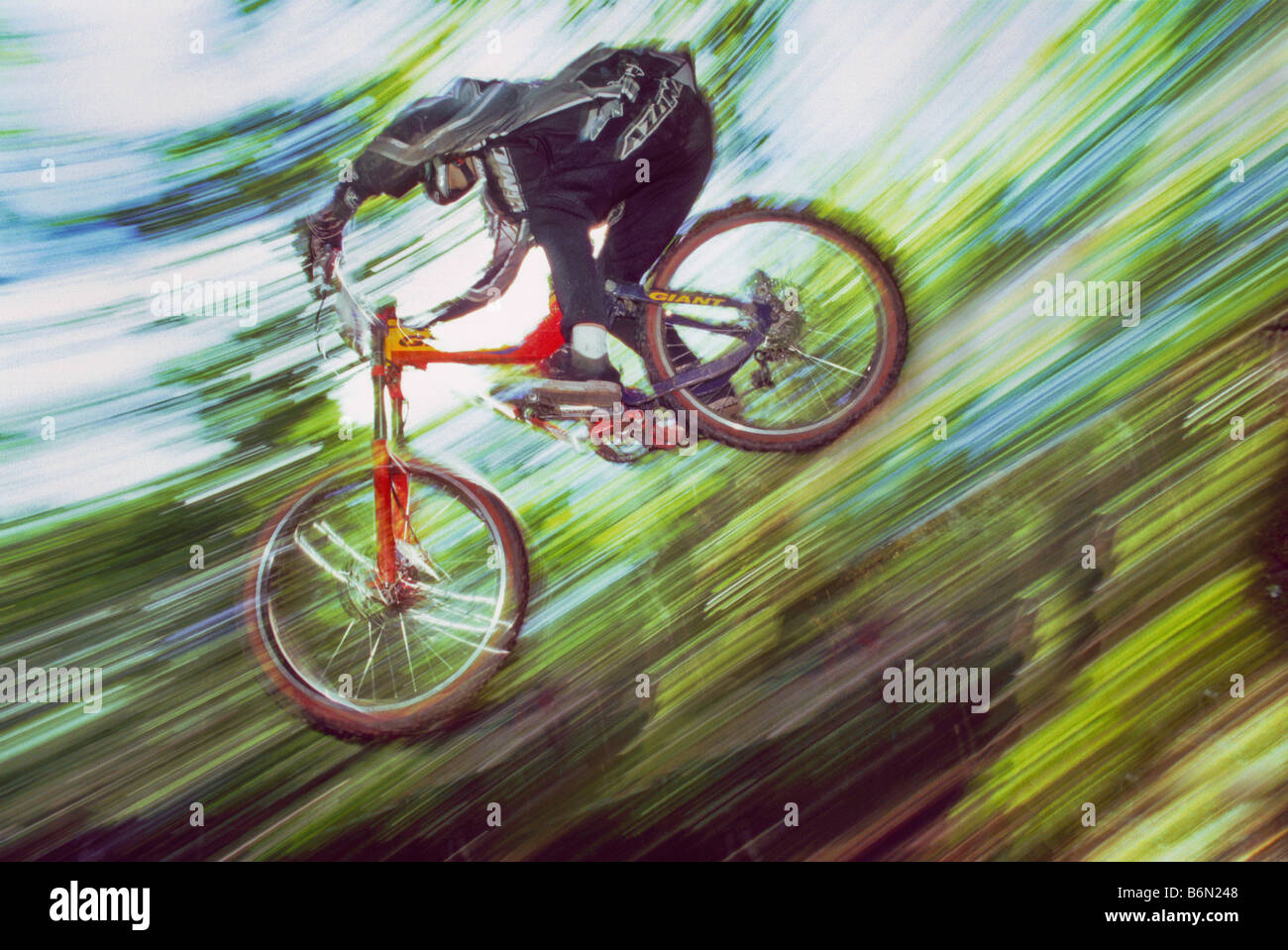Downhill mountain biker jumping à Plattekill, New York Banque D'Images