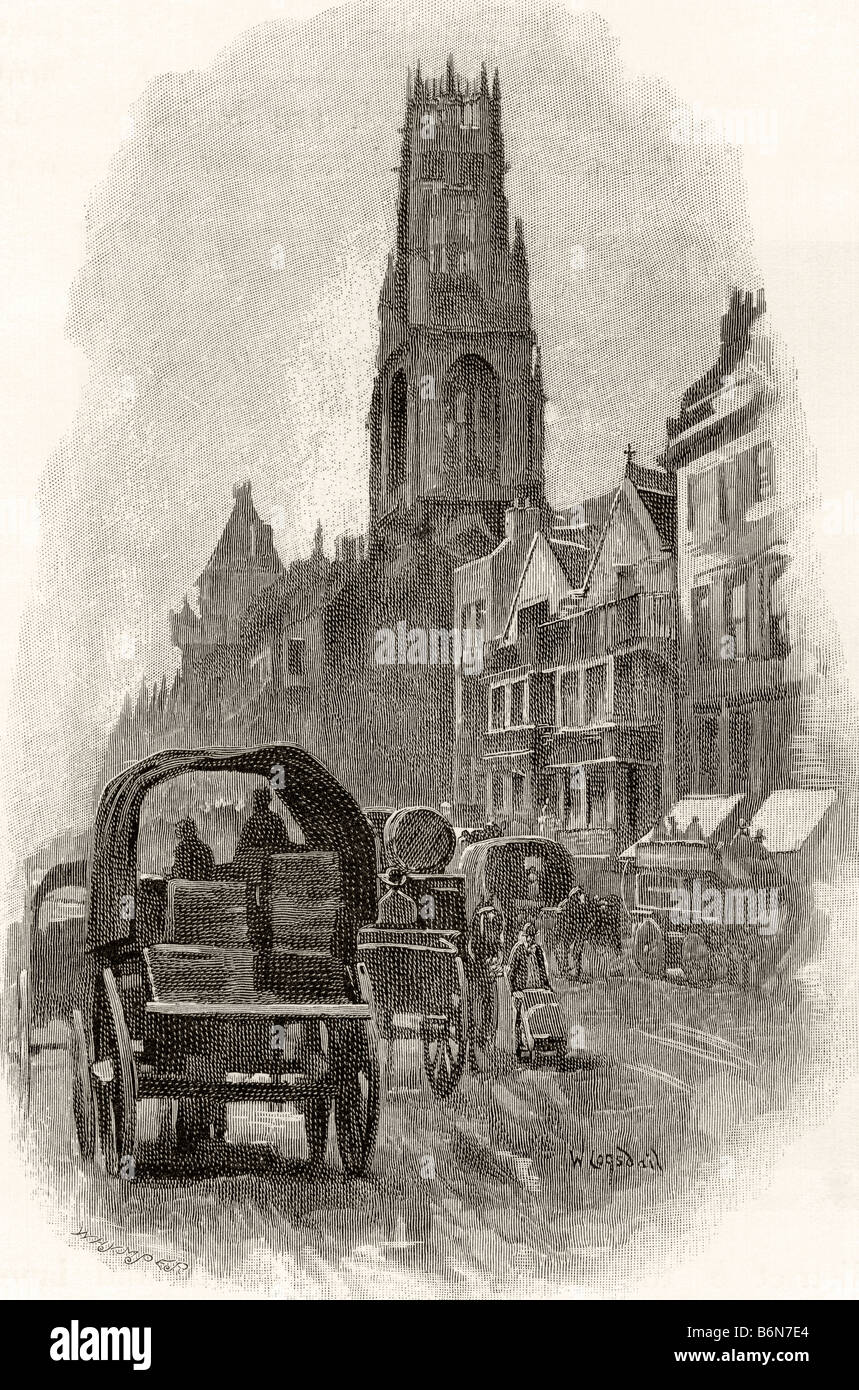 Fleet Street, Londres, Angleterre, montrant les vieilles maisons et l'église St Dunstan comme elles étaient au 19th siècle. Banque D'Images