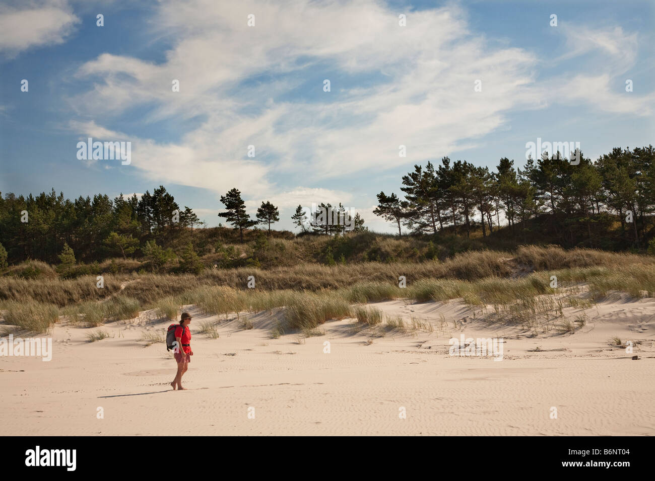 Woman walking on beach avec l'ammophile sur dunes de sable du parc national Slowinski Pologne Banque D'Images