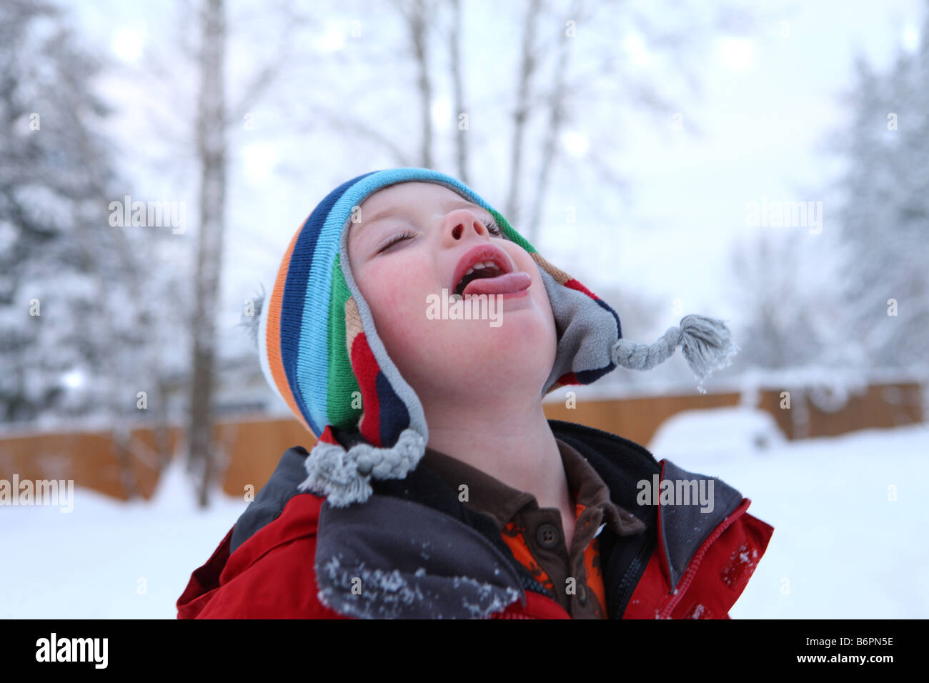 Jeune garçon à l'extérieur en hiver attraper des flocons sur le timon Banque D'Images