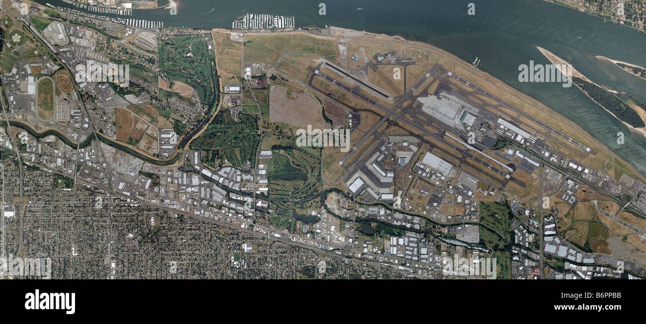 Carte aérienne au-dessus de l'aéroport de Portland en Oregon à la Columbia River Banque D'Images