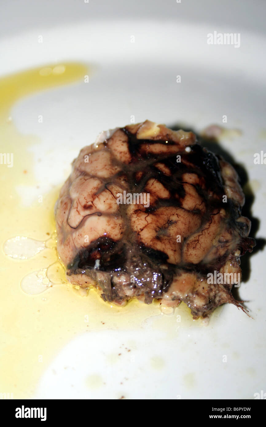 Un petit-déjeuner maison du cerveau de veau à l'huile d'olive. Pour le déjeuner ('pranzo') dans la maison familiale dans la Sardaigne, Italie Banque D'Images