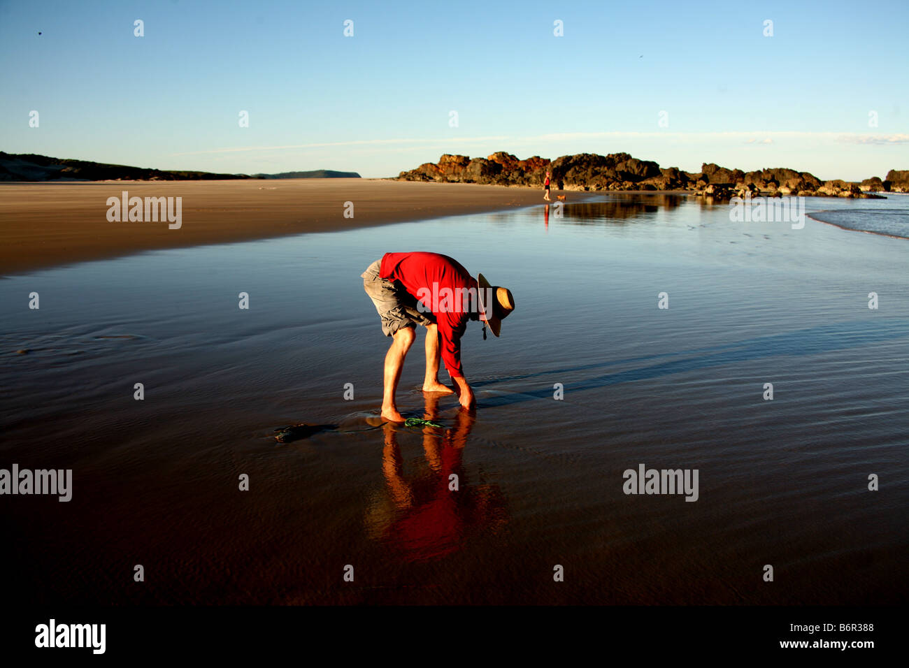 Un pêcheur tire un ver de plage de la plage Crescent Head près de l'Australie Banque D'Images