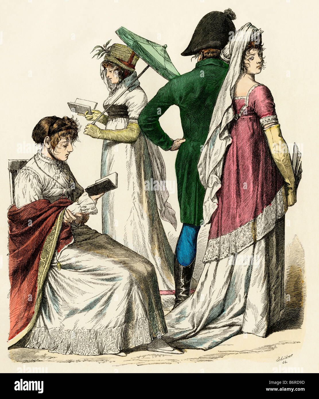 Mesdames européenne lecture et un couple en train de marcher pendant la période Empire 1802 à 1804. Impression couleur à la main Banque D'Images