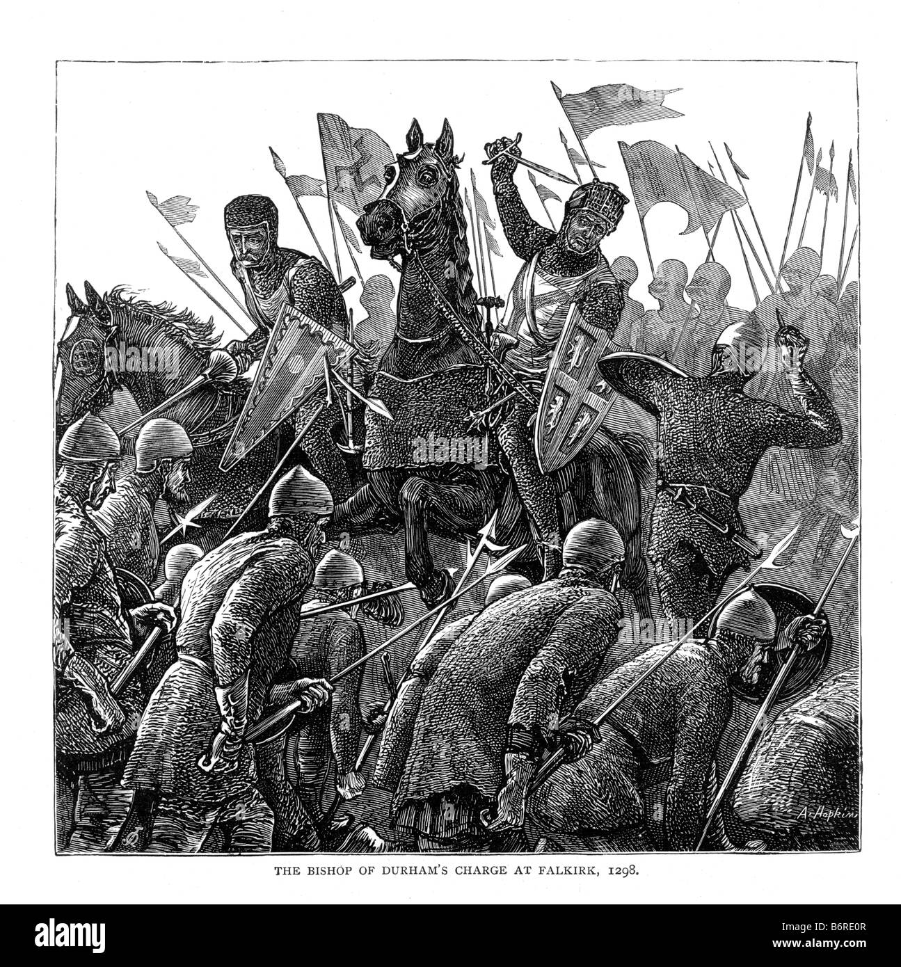 Charge de l'évêque de Durham à Falkirk le 22 juillet 1298. Première Guerre d'indépendance écossaise. Illustration du XIXe siècle Banque D'Images