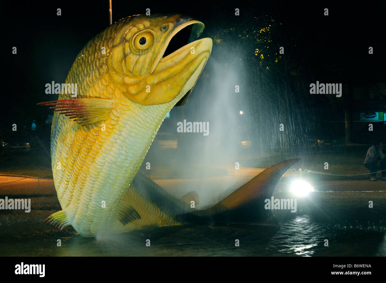 Fontaine avec statue de Characin Piraputanga Brycon hilarii ou sur la place centrale de nuit Bonito Mato Grosso do Sul, Brésil Banque D'Images